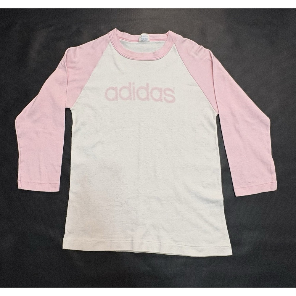 Vintage 70s Adidas Tee 3/4 Sleeve RARE Pink Spellout Raglan Size Large